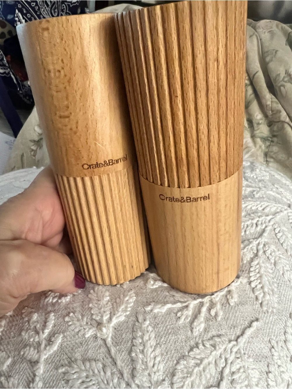 Crate&Barrel Oak Wood Ribbed Salt and Pepper Mills - Natural Tan